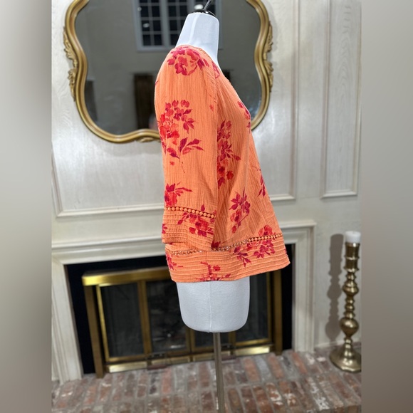 Soft Surroundings Floral Tunic  M Coral Peach Boho Crinkle Cotton Gauze 3/4 slv - Picture 8 of 10